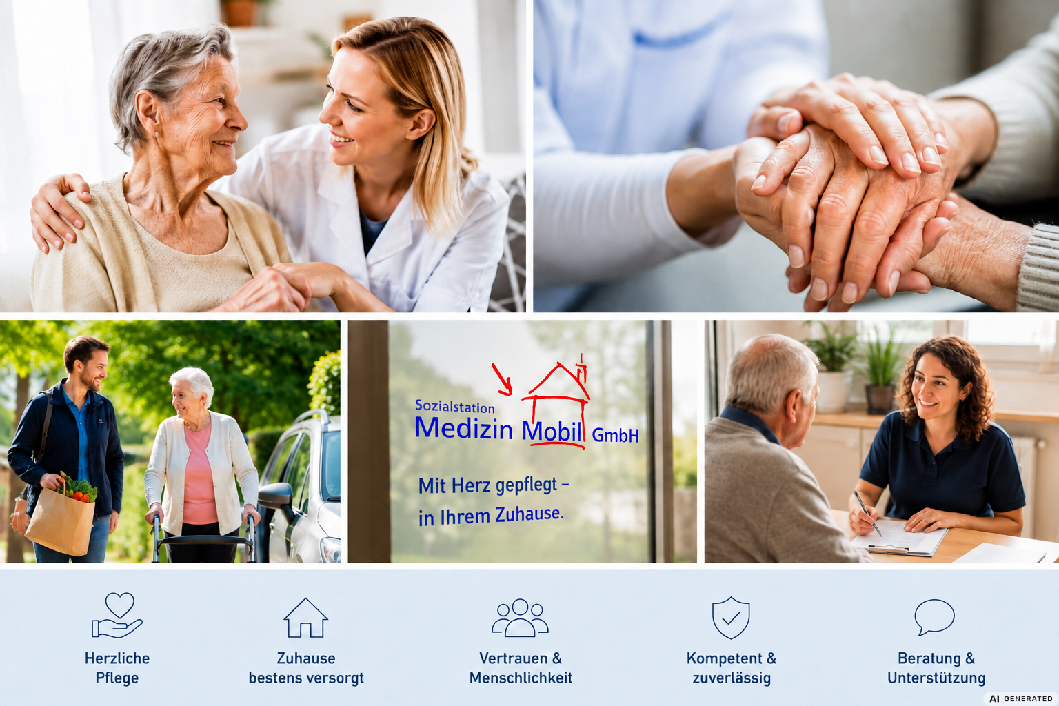 Collage mit Szenen der ambulanten Pflege: persönliche Betreuung, Unterstützung im Alltag, Beratung und Begleitung zu Hause.