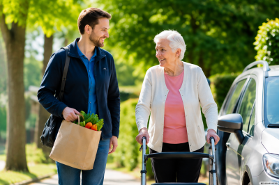 Ein Mitarbeiter eines ambulanten Pflegedienstes begleitet eine Seniorin mit Rollator nach dem Einkauf.