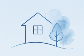 Symbol eines Hauses mit einem Baum als Zeichen für die Versorgung und Betreuung im eigenen Zuhause.